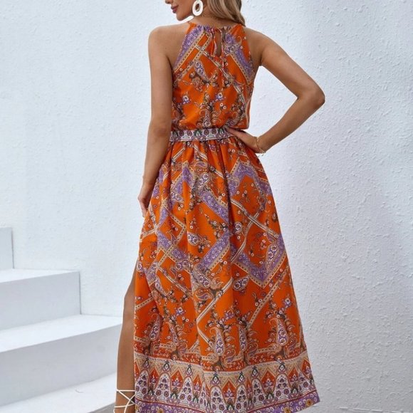 Orange Preppy Womens Floral Print Halter Neck Dress - Picture 3 of 5